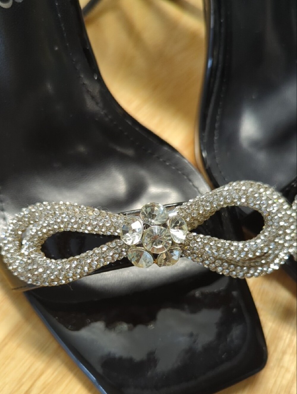 Black Rhinestone Bow Ankle-Strap Sandals - Picture 2 of 5